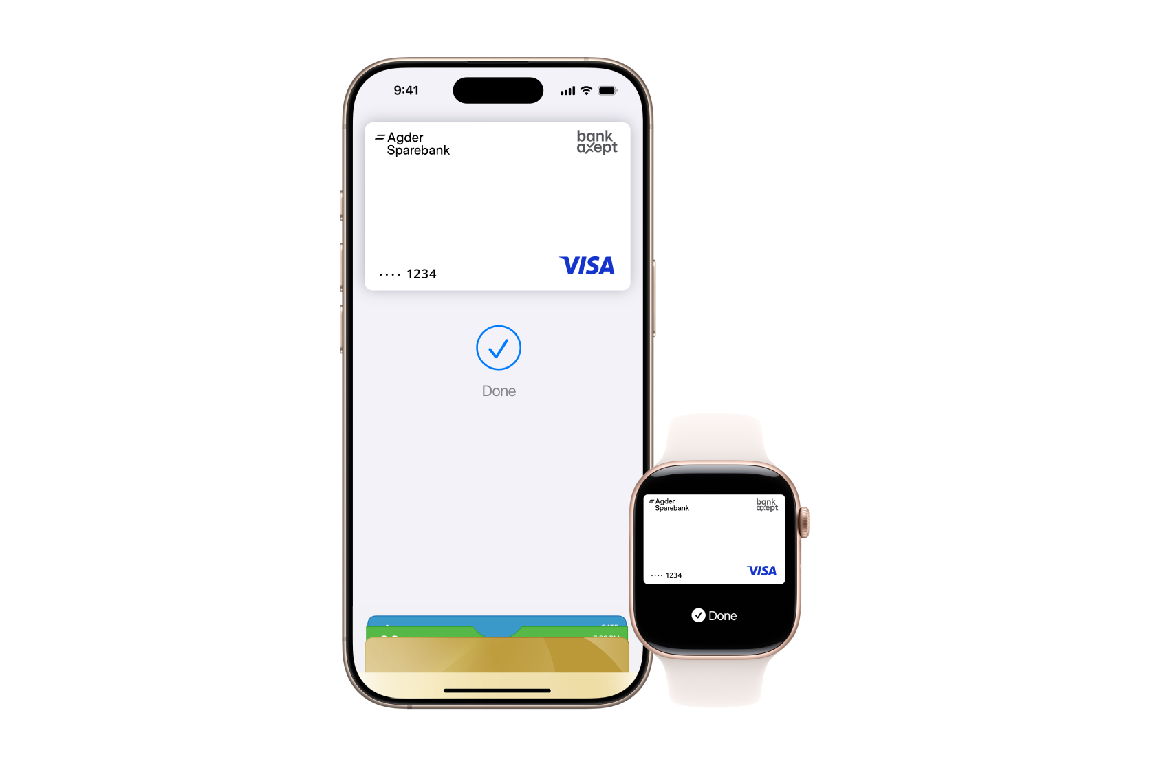 iPhone og Apple Watch viser et digitalt betalingskort med teksten 'Done' som bekrefter en fullført betaling.