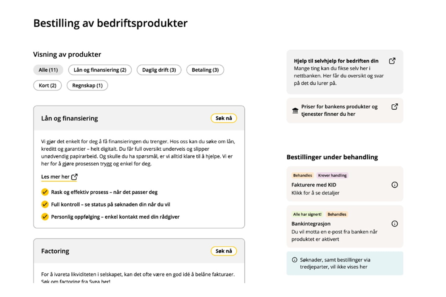 Skjermdump av hvordan oversikten over bestillinger i nettbanken ser ut