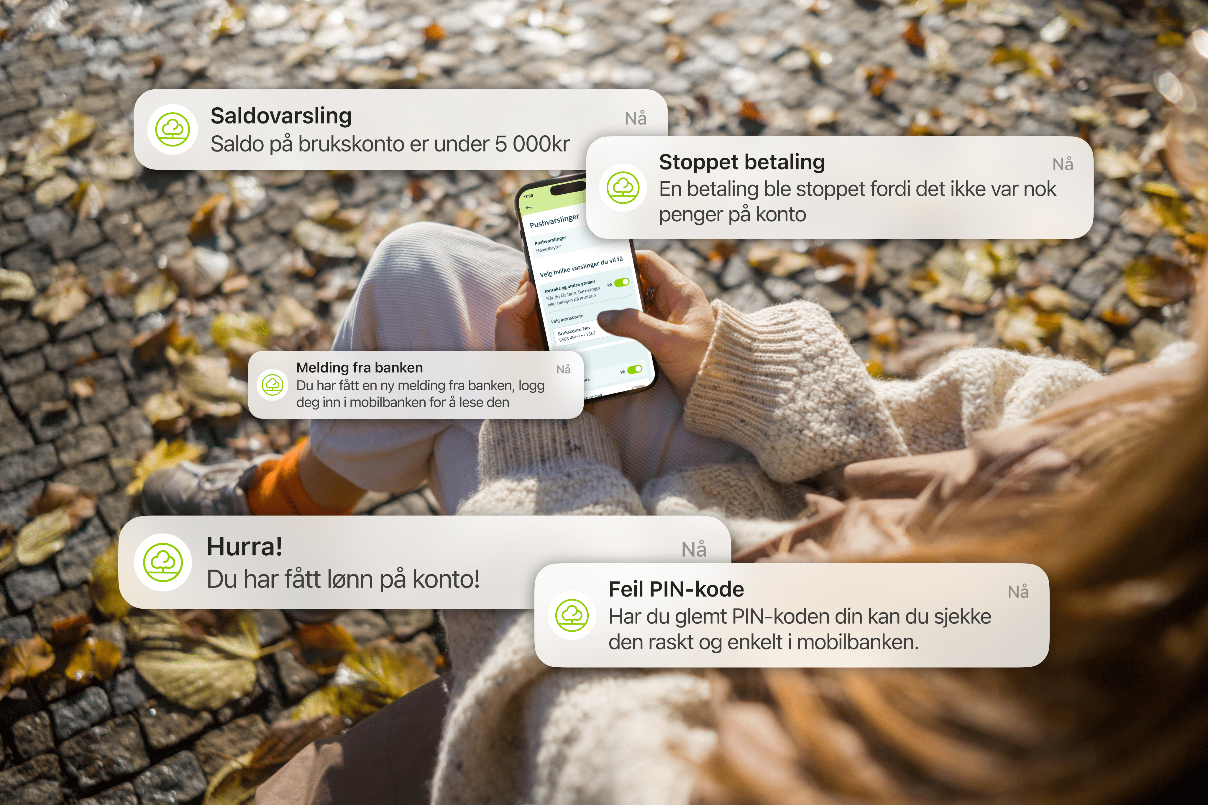 Illustrasjon av mobil med pushvarslinger